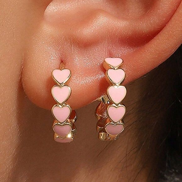 Jewelry - Gold Color Meatal Pink Enamel Heart Hoops Pink Heart Earrings